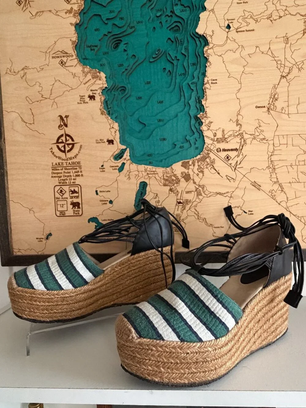 Chloe green striped/ leather straps espadrille wedges/ shoes sz 37 sz US 7